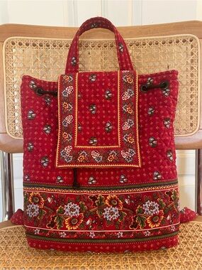 VINTAGE Vera Bradley Mimi Backpack in Provincial Red, Quilted Tote Bag Fall 2000